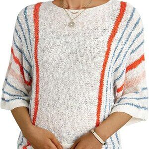Dokotoo Crewneck 3/4 Sleeve Striped Lightweight Knit Boho Pullover Sweater